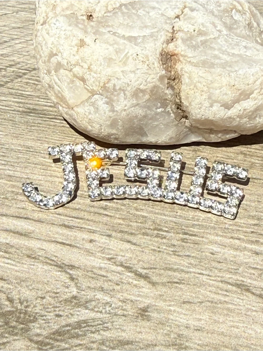NWT Rosemarie Collections silver tone crystal Jesus brooch Glass